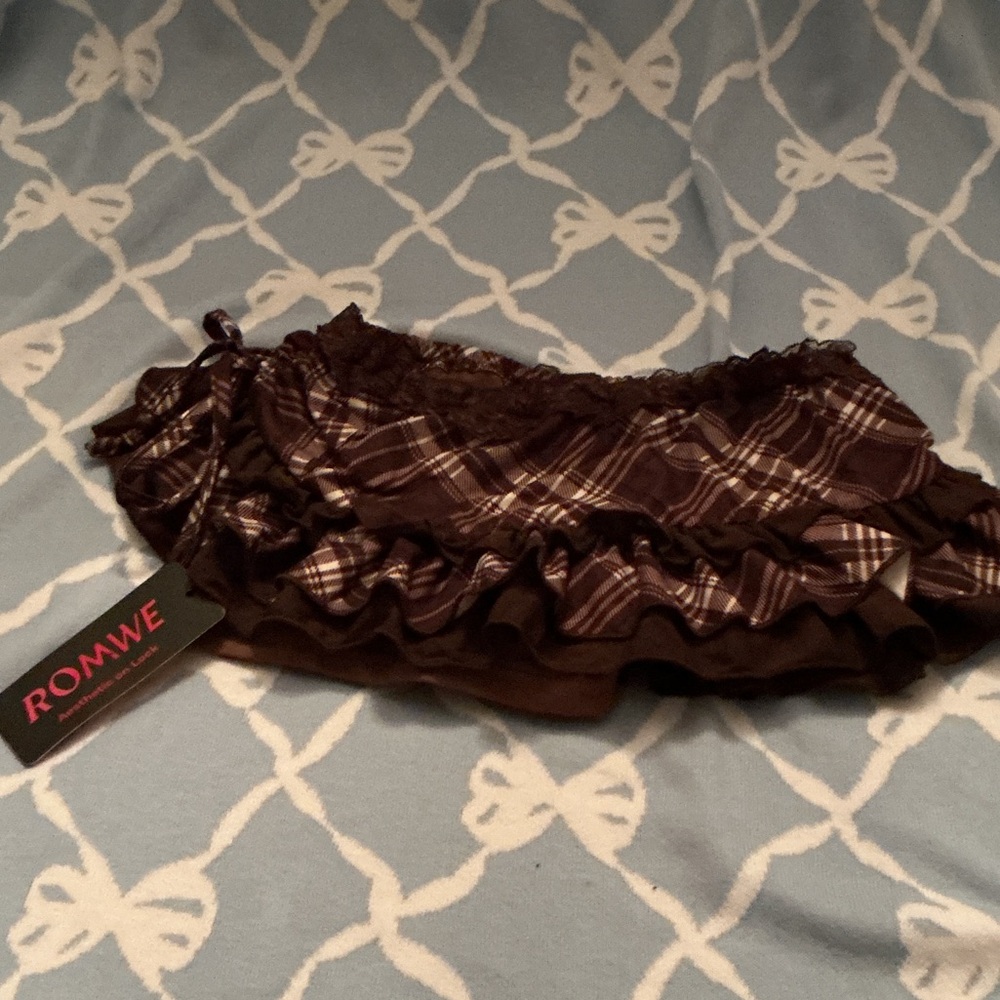 ROMWE Dark Brown Plaid Ruffle Skirt
